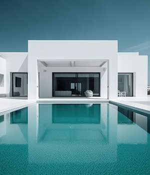 Design house - modern villa with open plan living and private bedroom wing. Large terrace with privacy and, swimming pool. Generative AI